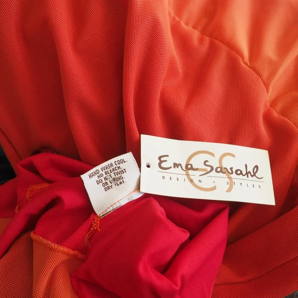 NWT Vintage Ema Savahl Orange Spaghetti Strap Mesh Tiered Ruffle Asymmetrical - Picture 7 of 7